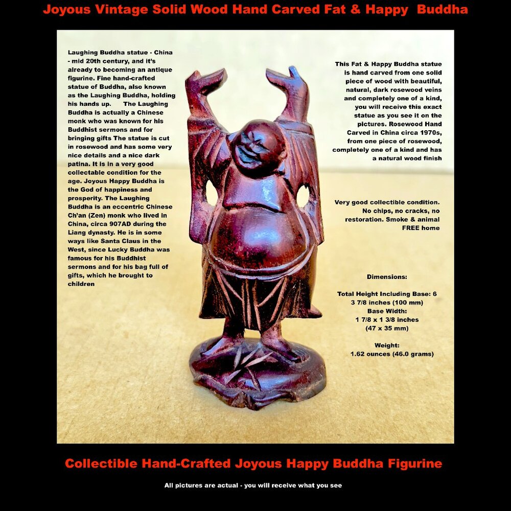 Joyous Vintage Solid Wood Hand Carved Fat & Happy Hotei Buddha